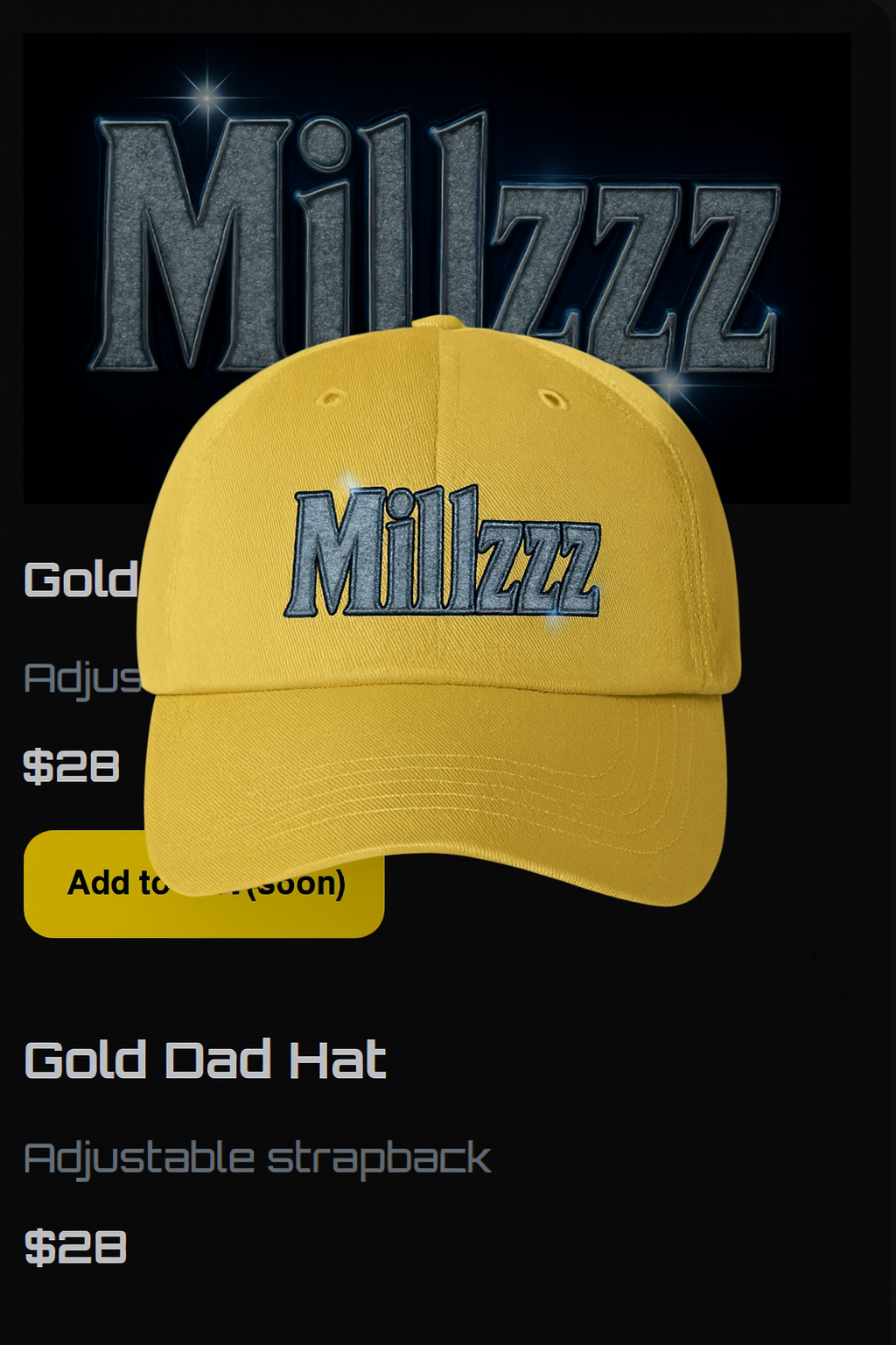 Gold Millzzz dad hat with embroidered crest