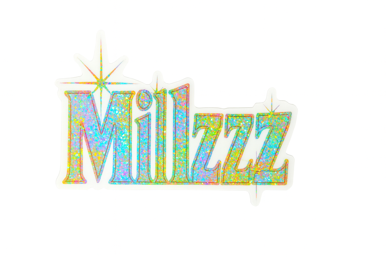 Holographic Millzzz sticker pack arranged on table