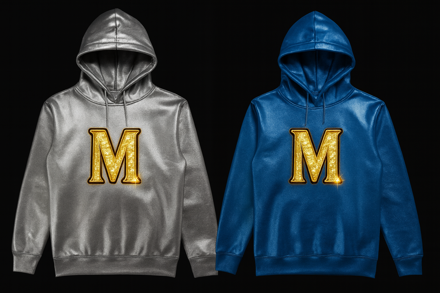 Silver and blue Millzzz hoodies displayed on hangers